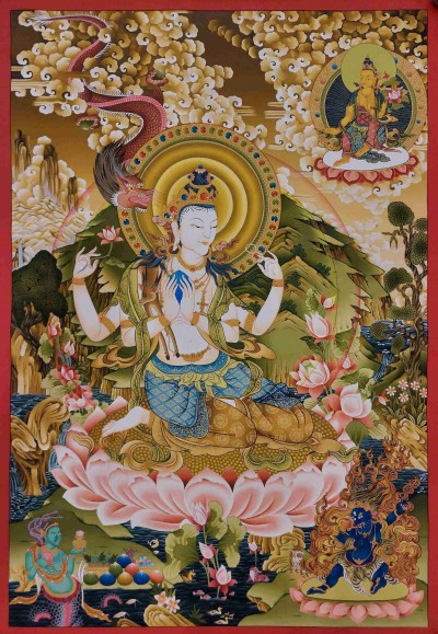 Buddhist Handmade Thangka Of Chenrezig, Avalokiteshvara, [real Gold, Hand Painted], Real Gold
