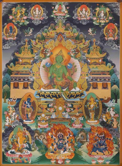 Buddhist Handmade Thangka Of Green Tara, [real Gold, Hand Painted], Real Gold