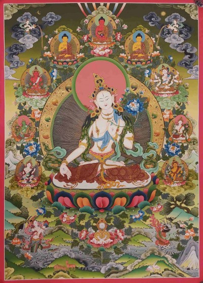 Buddhist Handmade Thangka Of White Tara, [real Gold, Hand Painted], Real Gold