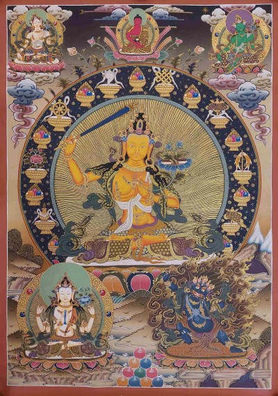 Buddhist Handmade Thangka Of Manjushri, [real Gold, Hand Painted], Real Gold
