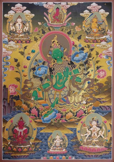 Buddhist Handmade Thangka Of Green Tara, [real Gold, Hand Painted], Real Gold
