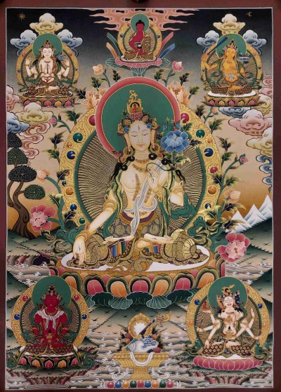 Buddhist Handmade Thangka Of White Tara, [real Gold, Hand Painted], Real Gold, Three Long Life Deities