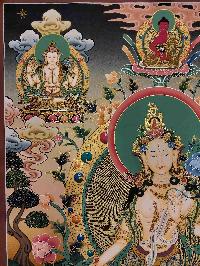 Buddhist Handmade Thangka Of White Tara, [real Gold, Hand Painted], Real Gold, Three Long Life Deities