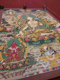 Buddhist Handmade Thangka Of White Tara, [real Gold, Hand Painted], Real Gold, Three Long Life Deities