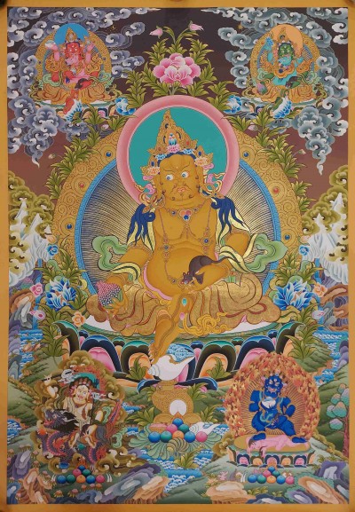 Buddhist Handmade Thangka Of Yellow Jambhala, [real Gold, Hand Painted], Real Gold
