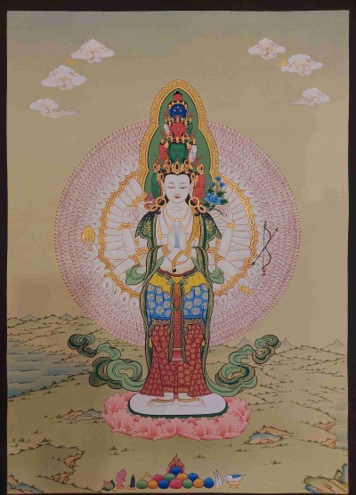 [karma Gadri Art Style], Buddhist Handmade Thangka Of Sahasrabhuja Avalokitesvara, [hand Painted], Real Gold