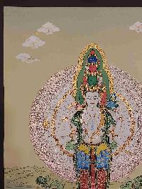 [karma Gadri Art Style], Buddhist Handmade Thangka Of Sahasrabhuja Avalokitesvara, [hand Painted], Real Gold