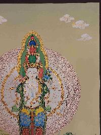 [karma Gadri Art Style], Buddhist Handmade Thangka Of Sahasrabhuja Avalokitesvara, [hand Painted], Real Gold