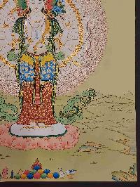 [karma Gadri Art Style], Buddhist Handmade Thangka Of Sahasrabhuja Avalokitesvara, [hand Painted], Real Gold