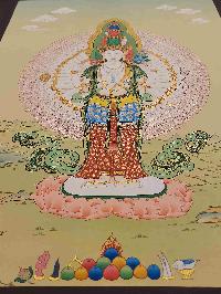 [karma Gadri Art Style], Buddhist Handmade Thangka Of Sahasrabhuja Avalokitesvara, [hand Painted], Real Gold