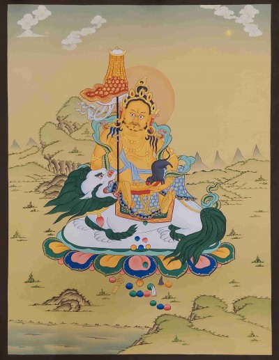 [karma Gadri Art Style], Buddhist Handmade Thangka Of Jambhala: Namtose, [hand Painted], Real Gold