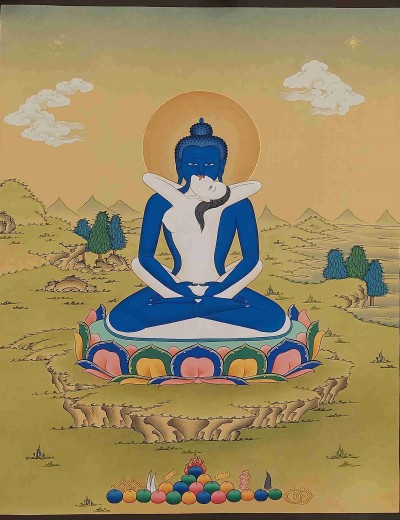 [karma Gadri Art Style], Buddhist Handmade Thangka Of Samantabhadra, [hand Painted], Real Gold