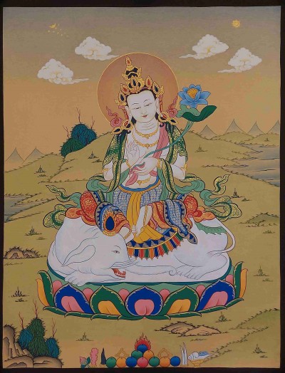 [karma Gadri Art Style], Buddhist Handmade Thangka Of Samantabhadra, Fushyeng [hand Painted], Real Gold