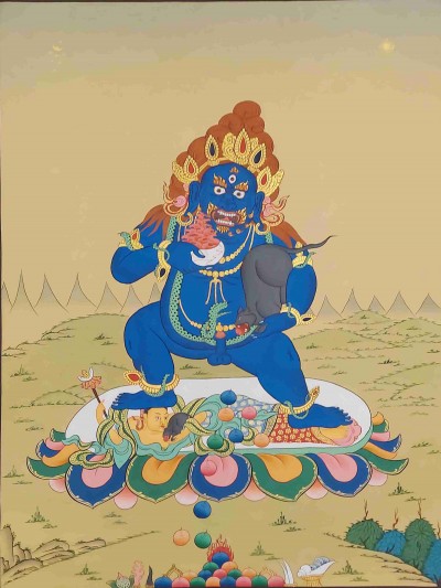 [karma Gadri Art Style], Buddhist Handmade Thangka Of Black Jambhala, [hand Painted], Real Gold