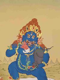 [karma Gadri Art Style], Buddhist Handmade Thangka Of Black Jambhala, [hand Painted], Real Gold