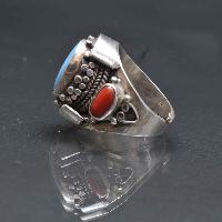 Designer Silver Jewellery With Red Coral, Blue Tortoise Double Side Red Middle Blue Design ( Us Size 8)
