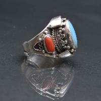 Designer Silver Jewellery With Red Coral, Blue Tortoise Double Side Red Middle Blue Design ( Us Size 8)