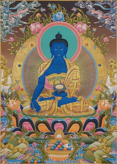 Buddhist Handmade Thangka Of Medicine Buddha, [real Gold Hand Painted], Real Gold