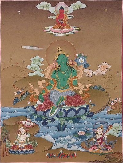Buddhist [karma Gadri Art], Handmade Thangka Of Green Tara, [hand Painted], Real Gold, [karma Gadri Art] Supported By Umbrella, Saraswati