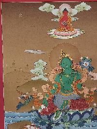 Buddhist [karma Gadri Art], Handmade Thangka Of Green Tara, [hand Painted], Real Gold, [karma Gadri Art] Supported By Umbrella, Saraswati