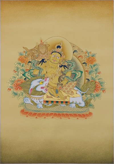 Buddhist [karma Gadri Art], Handmade Thangka Of Jambhala: Namtose, [hand Painted], Real Gold, [karma Gadri Art]