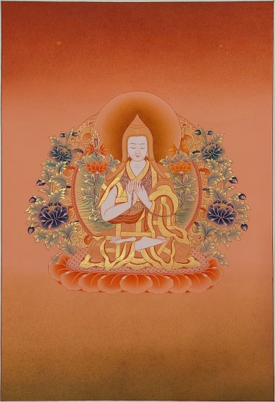 Buddhist [karma Gadri Art], Handmade Thangka Of Tsongkhapa, [hand Painted], Real Gold, [karma Gadri Art]