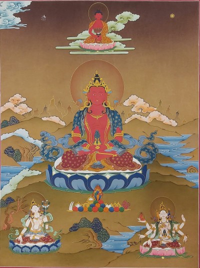 Buddhist [karma Gadri Art], Handmade Thangka Of Aparimita - Amitayus - 
Chepame, [hand Painted], Supported By White Tara And Namgyalma, Amitayus, Chepame
