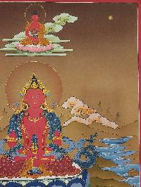 Buddhist [karma Gadri Art], Handmade Thangka Of Aparimita - Amitayus - 
Chepame, [hand Painted], Supported By White Tara And Namgyalma, Amitayus, Chepame