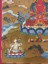 Buddhist [karma Gadri Art], Handmade Thangka Of Aparimita - Amitayus - 
Chepame, [hand Painted], Supported By White Tara And Namgyalma, Amitayus, Chepame