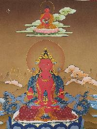 Buddhist [karma Gadri Art], Handmade Thangka Of Aparimita - Amitayus - 
Chepame, [hand Painted], Supported By White Tara And Namgyalma, Amitayus, Chepame