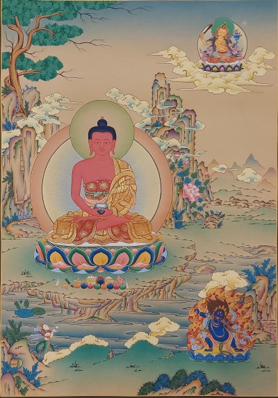 Buddhist [karma Gadri Art], Handmade Thangka Of Amitabha Buddha, [hand Painted], Supported By Manjushri And Vajrapani