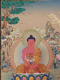Buddhist [karma Gadri Art], Handmade Thangka Of Amitabha Buddha, [hand Painted], Supported By Manjushri And Vajrapani