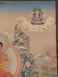 Buddhist [karma Gadri Art], Handmade Thangka Of Amitabha Buddha, [hand Painted], Supported By Manjushri And Vajrapani