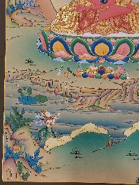 Buddhist [karma Gadri Art], Handmade Thangka Of Amitabha Buddha, [hand Painted], Supported By Manjushri And Vajrapani