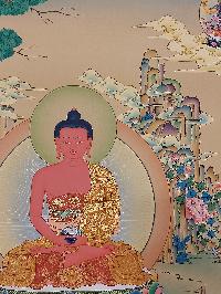 Buddhist [karma Gadri Art], Handmade Thangka Of Amitabha Buddha, [hand Painted], Supported By Manjushri And Vajrapani