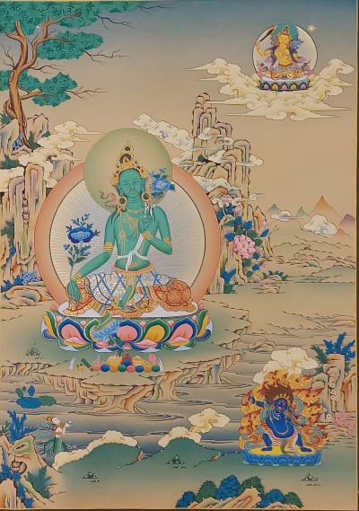 Buddhist [karma Gadri Art], Handmade Thangka Of Green Tara, [real Gold, Hand Painted] Supported By Manjushri And Vajrapani