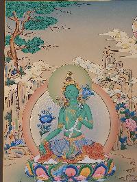 Buddhist [karma Gadri Art], Handmade Thangka Of Green Tara, [real Gold, Hand Painted] Supported By Manjushri And Vajrapani
