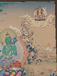 Buddhist [karma Gadri Art], Handmade Thangka Of Green Tara, [real Gold, Hand Painted] Supported By Manjushri And Vajrapani