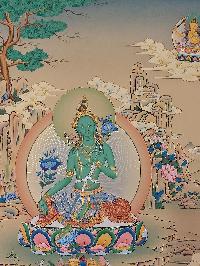 Buddhist [karma Gadri Art], Handmade Thangka Of Green Tara, [real Gold, Hand Painted] Supported By Manjushri And Vajrapani
