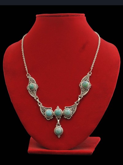 Designer Silver Necklace Of Blue Stone Three In A Row Design (turquoise).