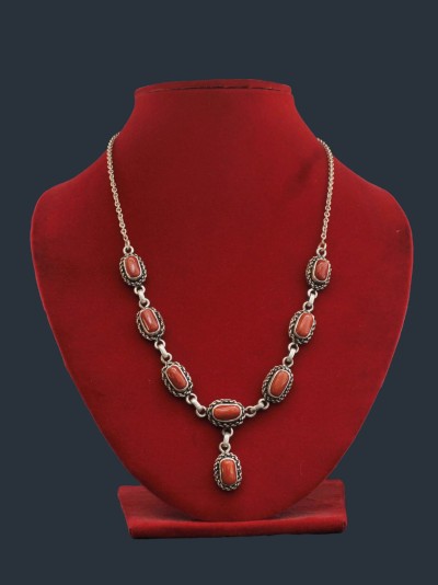 Designer Silver Necklace Of Eight Red Stone Design (red Coral).
