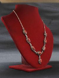 Designer Silver Necklace Of Eight Red Stone Design (red Coral).