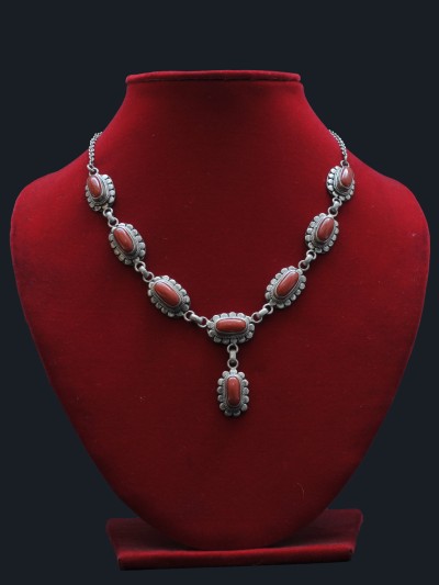 Designer Silver Necklace Of Eight Red Stone Big Border Design (red Coral).