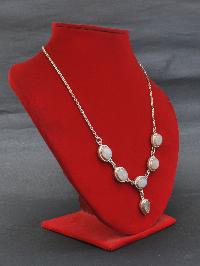 Designer Silver Necklace Of Diamond Bluish Five Rainbow Moonstone Design.