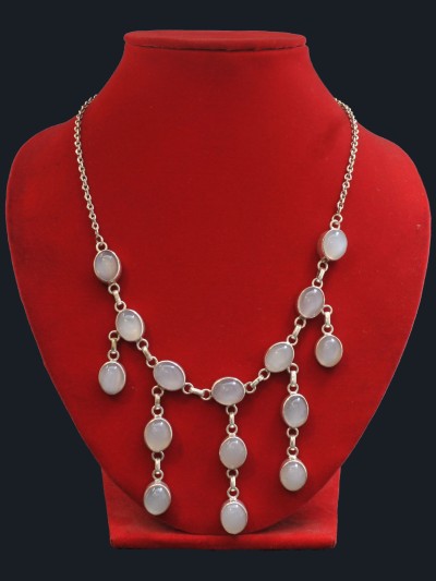 Designer Silver Necklace Of Diamond Multi Layer Plain Moonstone Design.