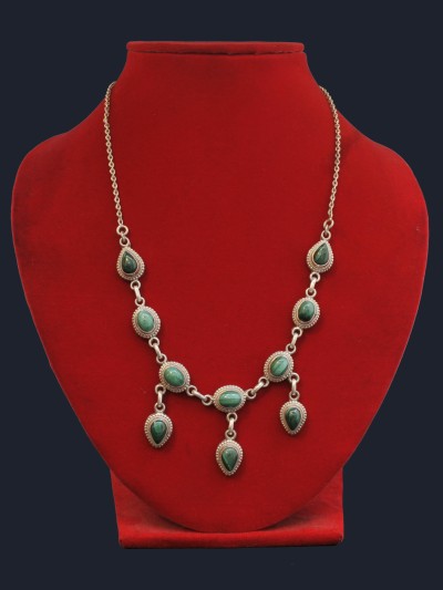 Designer Silver Necklace Of Green Seven Stone Three Layer Design (malachite).