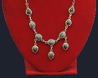 Designer Silver Necklace Of Green Seven Stone Three Layer Design (malachite).