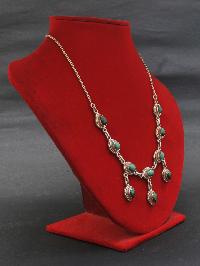 Designer Silver Necklace Of Green Seven Stone Three Layer Design (malachite).