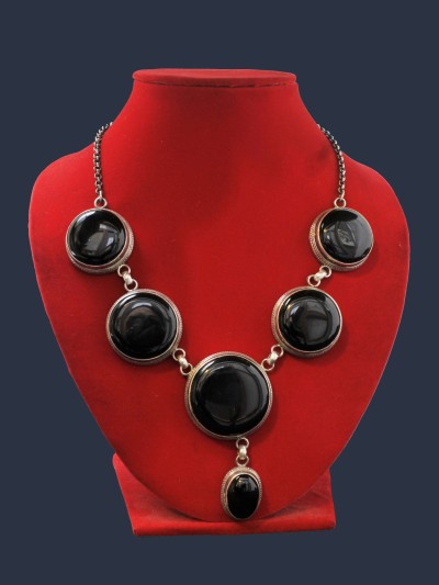 Designer Silver Necklace Of Big Six Blackstone Design (black Onyx)