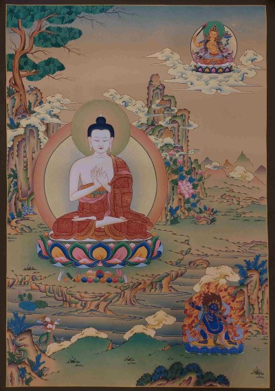 Buddhist [karma Gadri Art], Handmade Thangka Of Vairochana Buddha, [real Gold, Hand Painted], Supported By Manjushri And Vajrapani